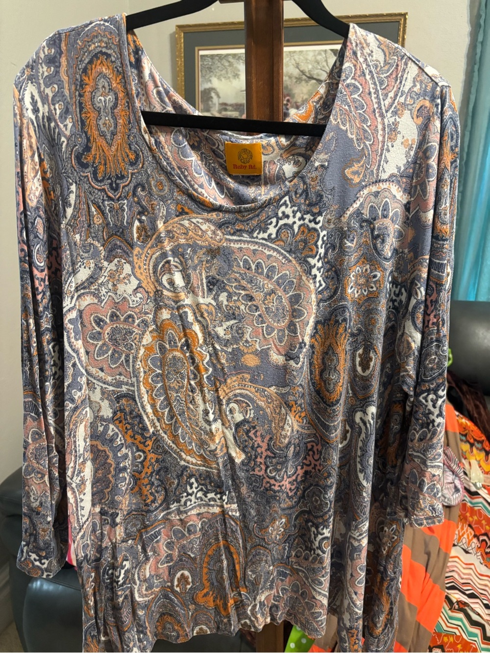 Ruby Rd. Gray Paisley Long Sleeve Top with Pink and Tan Accents
